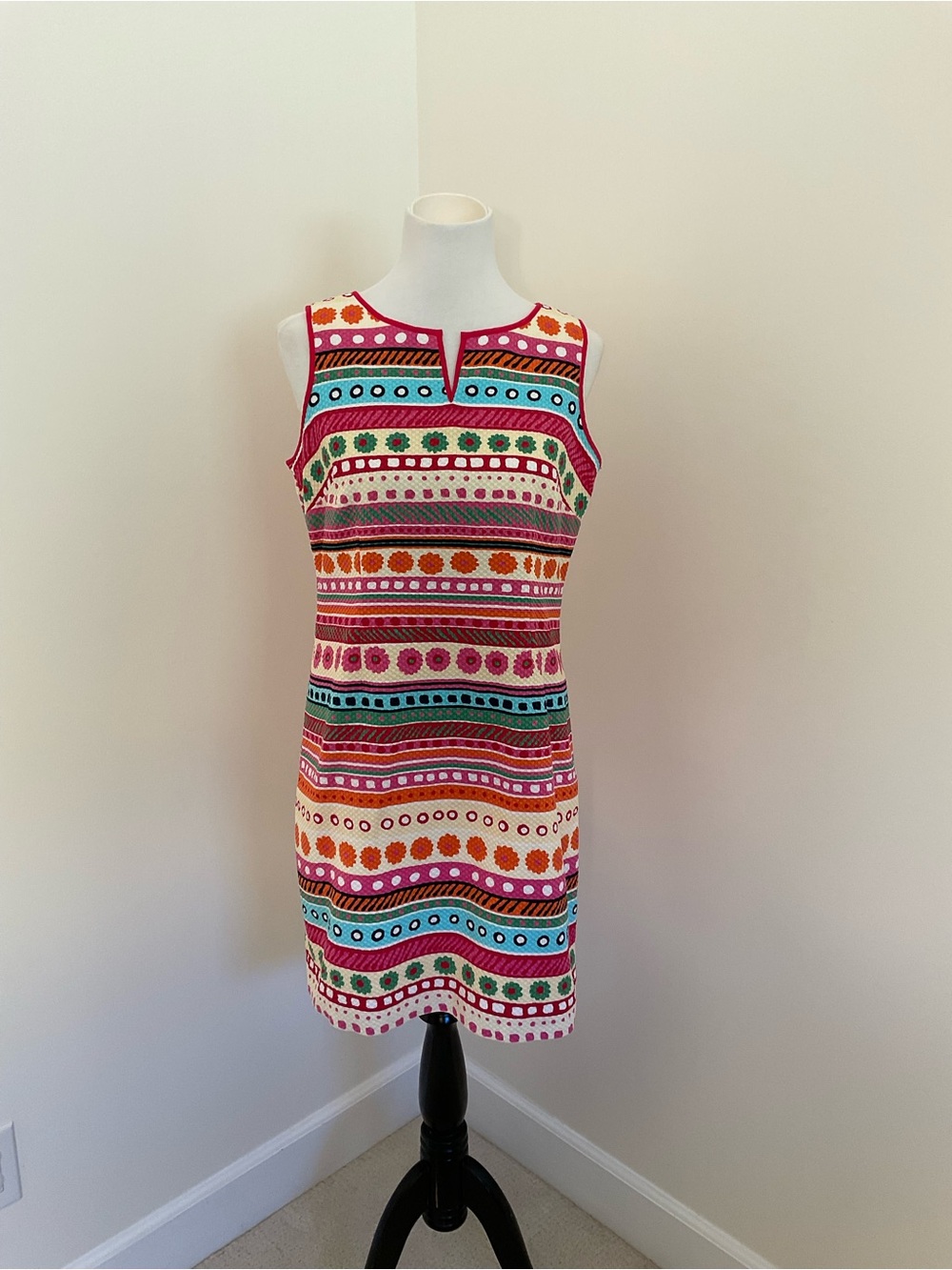 Talbots Bright Multicolor Abstract Striped Floral A-line Dress with Fuchsia Trim